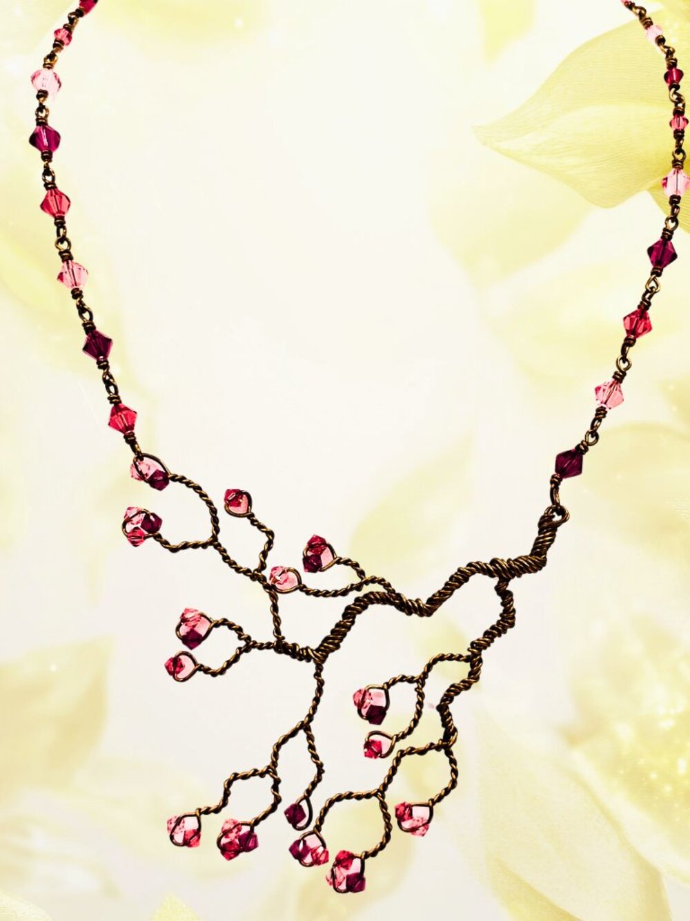 Hand Twisted Copper Tree Necklace Pink Crystal Cherry Blossom Statement Artisan - Picture 5 of 10